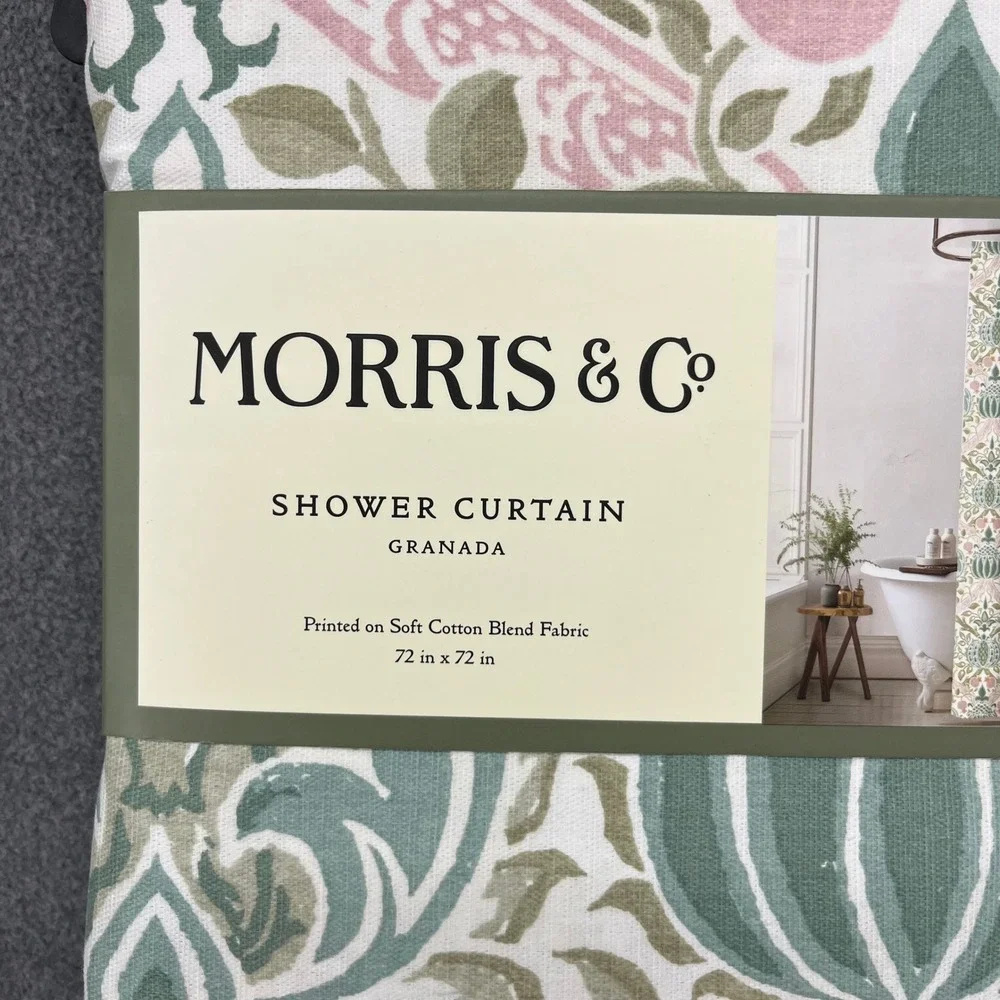 Morris & Co Granada Shower Curtain 72x72 Green Pink Cotton Blend Floral Botanica